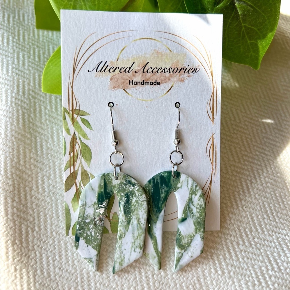 2/$30 Artistic Green and White Marble Arch Earrings